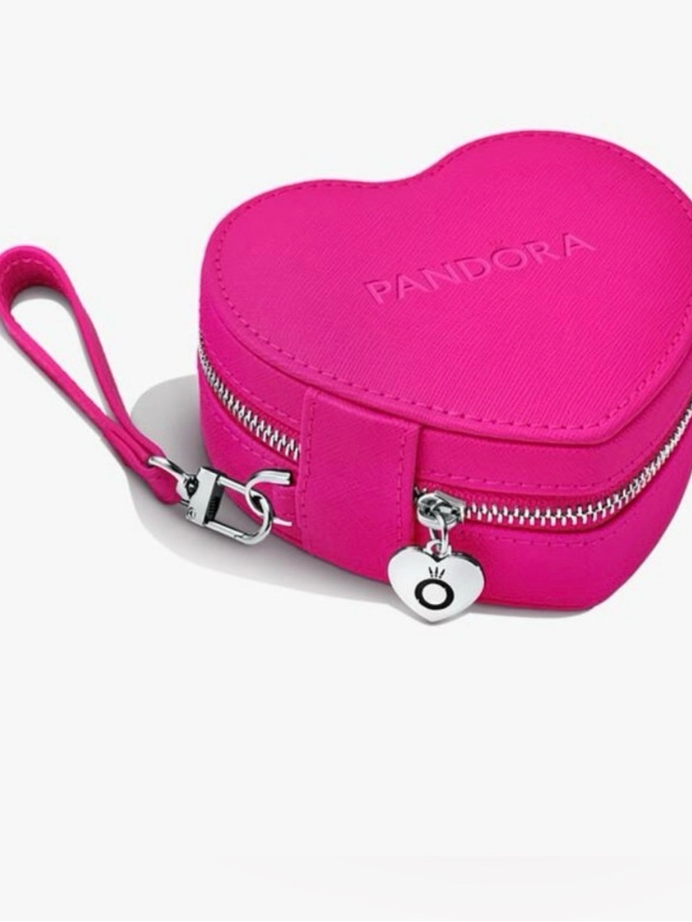 Pandora Bright Pink Heart-Shaped Travel Jewelry Case with Wrist Strap